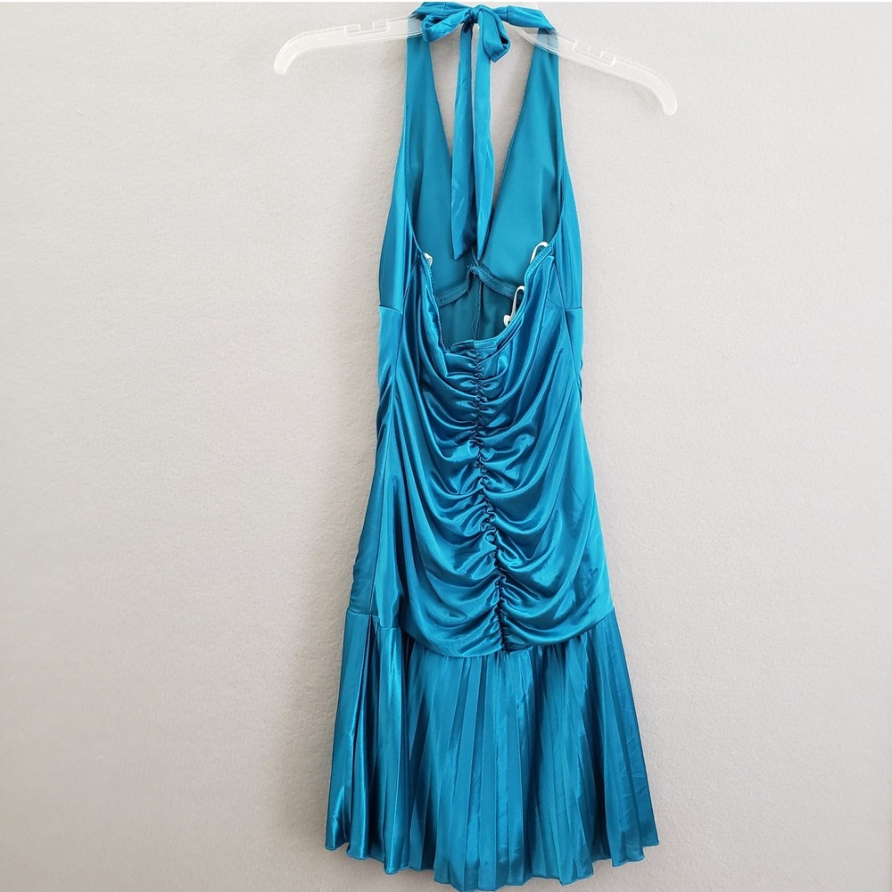 Vtg Jodi Kristopher Teal Blue Satin Halter Dress M Ruched Pleated Y2K Prom READ - Picture 3 of 15